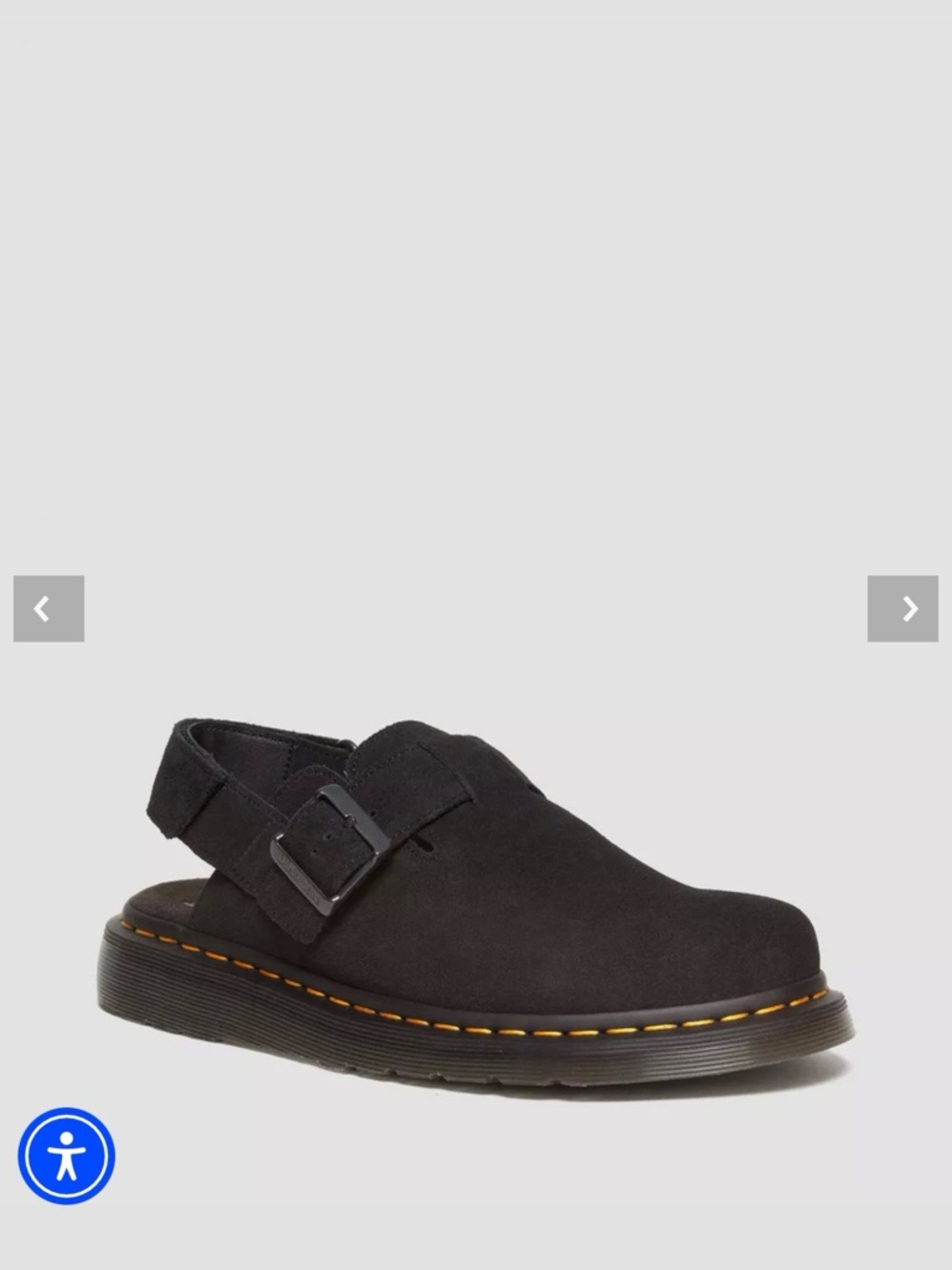 Dr. Martens Black Suede Slingback Clog with Yellow Welt Stitching